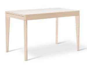 JIMY 120, Ausziehbarer Tisch aus Buchenholz mit Glasplatte