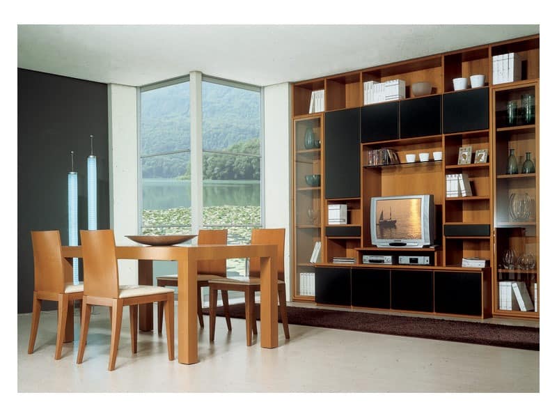 Living room 2, Holztisch mit Verlängerung, modulares Bücherregal mit TV-Ständer, für die Ausstattung von Wohnraum