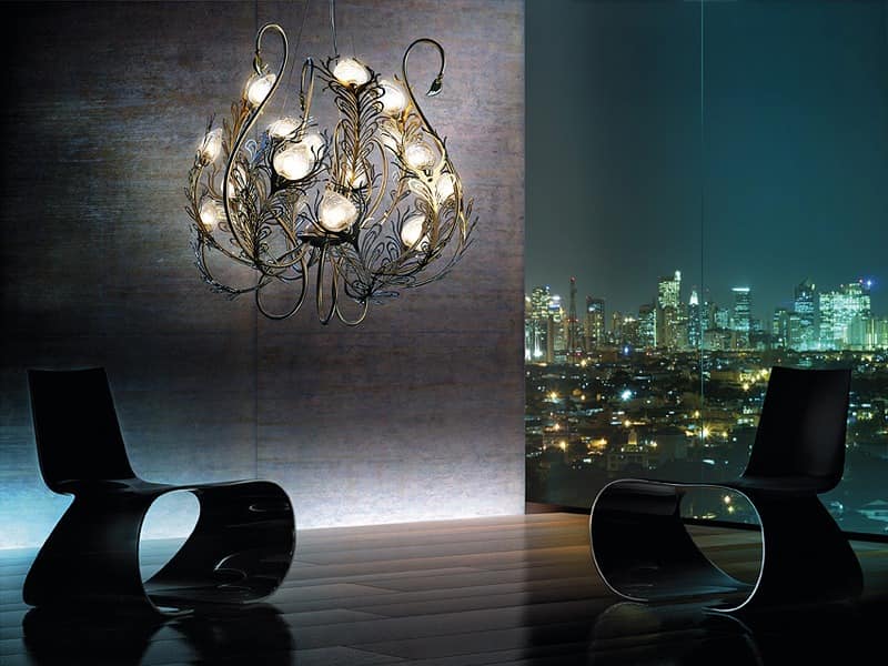 Musa chandelier, Metall-Lüster, Diffusoren aus Murano-Glas