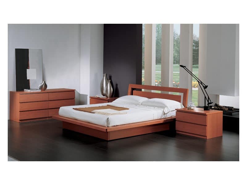 Bedroom 49, Bett mit Behälter, in Holz Kirschende, für zeitgenössische Schlafzimmer