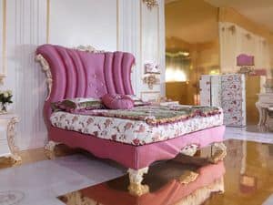 Le Rose Bett, Geschnitzte Holzbett, Polsterrahmen und Kopfteil