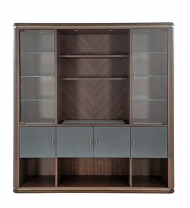 Bcherregal 2025-12, Elegantes Bcherregal in Canaletto Walnut mit Ledereinstzen