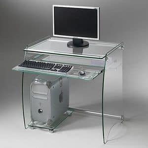 Clear PC01, Computertisch aus Metall, Ablagen und herausziehbare Tastaturablage aus Glas