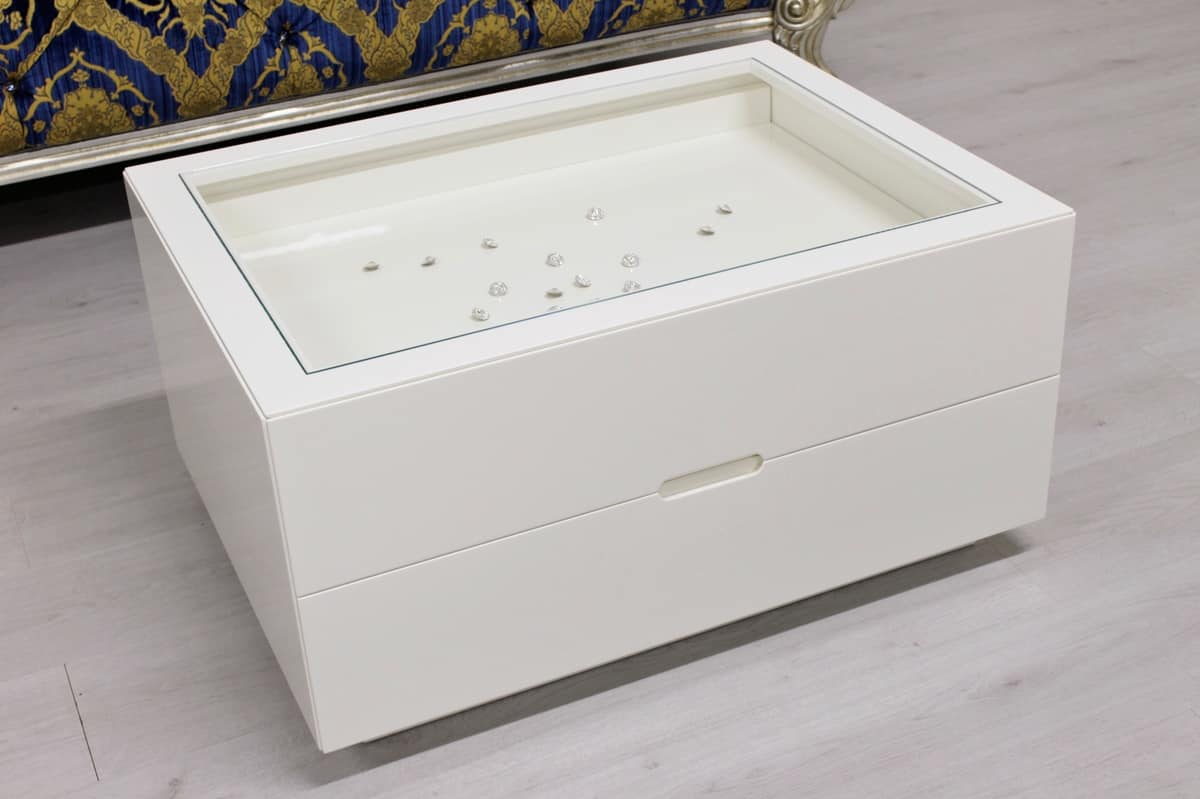 Tisch mit Schmuckkasten Fach, weiß lackiert, Glasplatte