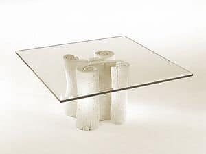 Pergamena, Kaffeetisch mit quadratischen Tischplatte aus Glas, Steinsockel