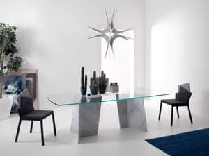 Carrara 575, Tisch mit Sockel aus Marmor, Esstisch, Tisch mit Abdeckplatte aus Glas Modernes Haus, Wohnzimmer, Esszimmer
