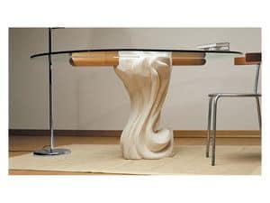 Essenza cherry wood, Oval Tisch mit Tischplatte aus Glas und Boden aus Stein