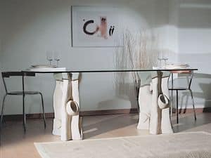 Magellano, Esstisch mit Platte aus Glas und Boden aus Stein