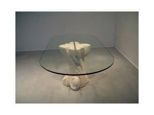 Nuoveau, Ovalen Tisch mit Tischplatte aus Glas, Sockel aus Stein