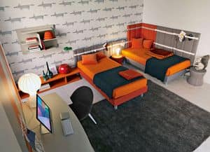 Comp. New 144, Kid Schlafzimmer mit zwei gepolsterten Betten, Schreibtische und Wandregal