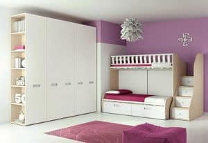 Hochbett KS 118, Schlafzimmer mit Hochbett und Kleiderschrank mit integrierten Griffen