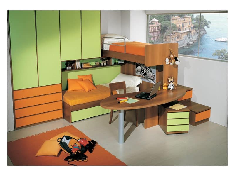 Kinderzimmer 3, Kid Schlafzimmer mit Doppelbett, im Etagenstruktur enthalten Schreibtisch, grün und orange Finish