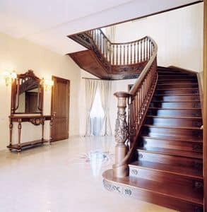 Holztreppen, Treppenhaus aus Holz, handgefertigte Schnitzereien und Dekorationen