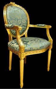 Art. L-794, Chair Kopfende des Tisches in Einlegearbeiten aus Holz, Sitz und Rcken gepolstert, lackiert Gold, im klassischen Stil