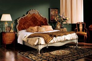 Barocco Bett 796, Doppelbett mit Kopfteil aus eingelegtem Holz, klassischen Stil gemacht