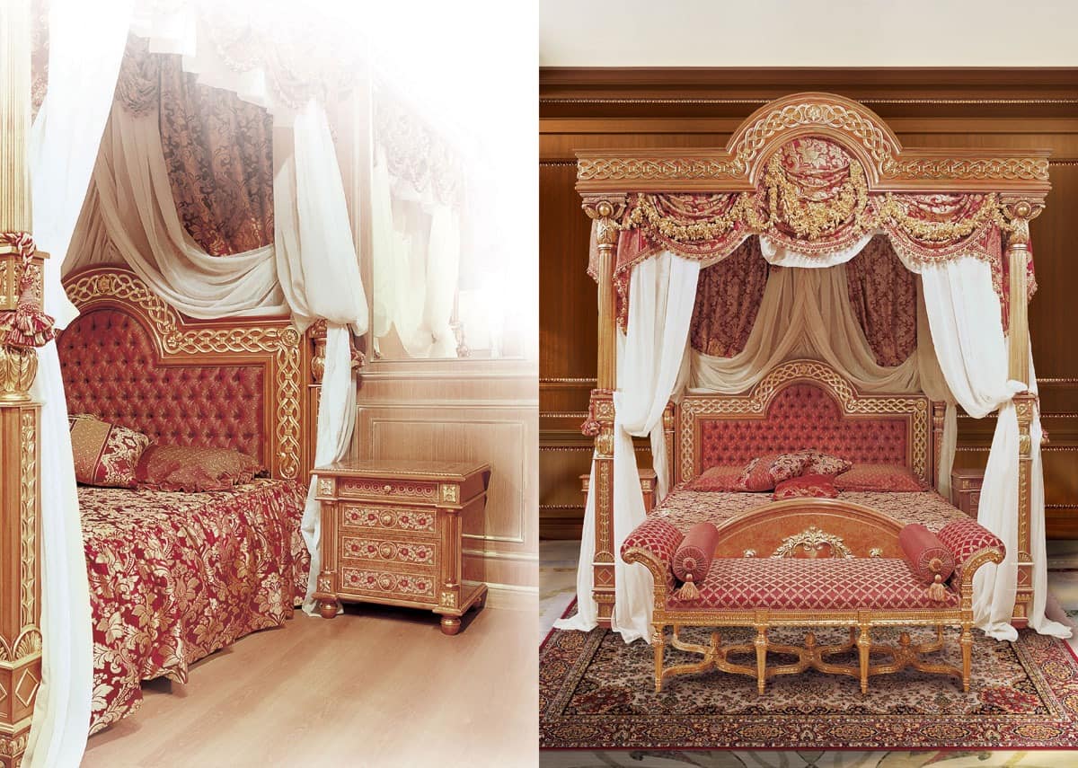 F517 Four-poster bed with Canopy, Luxuriöses Bett mit Baldachin, solide Holz geschnitzt