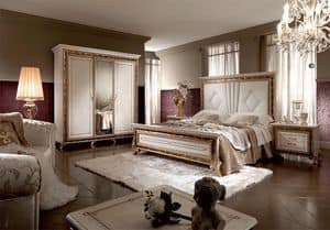 Raffaello Bett, Luxurises Bett mit gepolstertem Kopfteil aus Holz oder, mit glnzenden Perleffekt lackiert