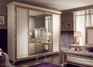 Raffaello Kleiderschrank mit 5 Tren, Luxury klassischen Kleiderschrank, perlwei lackiert mit goldenen Verzierungen