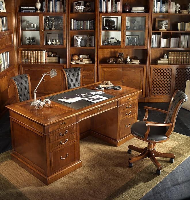 Executive Schreibtisch aus Kirschholz, Leder top, Geheimfach