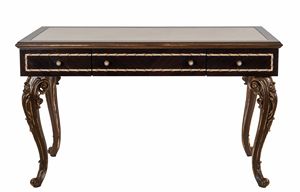 Schreibtisch 25-1024, Eleganter Holzschreibtisch mit Ledereinsatz