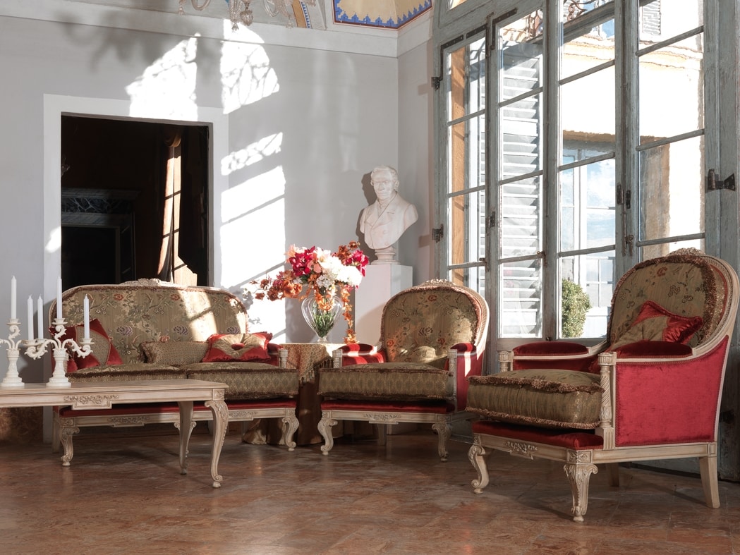 Ambra Sofa, Klassische Tufting-Sofa, mit Schnitzereien, lackiert