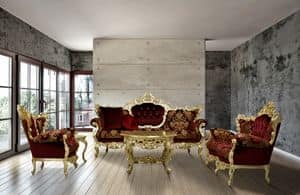 Maria Stoff Wohnzimmer, Hand geschnitzte Sofa mit feinen Stoffen gepolstert