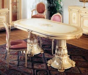 Art. L-790, Ovalen Tisch, lackiert Light Ivory patiniert, mit goldenen Details, handverziert