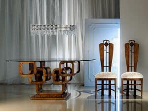 TA34 Glamour, Ovalen Tisch, Glasplatte, Gestell aus Holz Ringe
