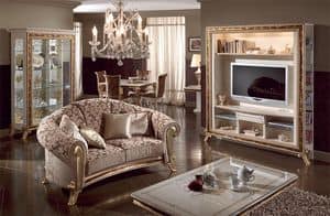 Raffaello Schrankwand, Luxus-TV-Stnder aus lackiertem perlwei, goldenen Verzierungen