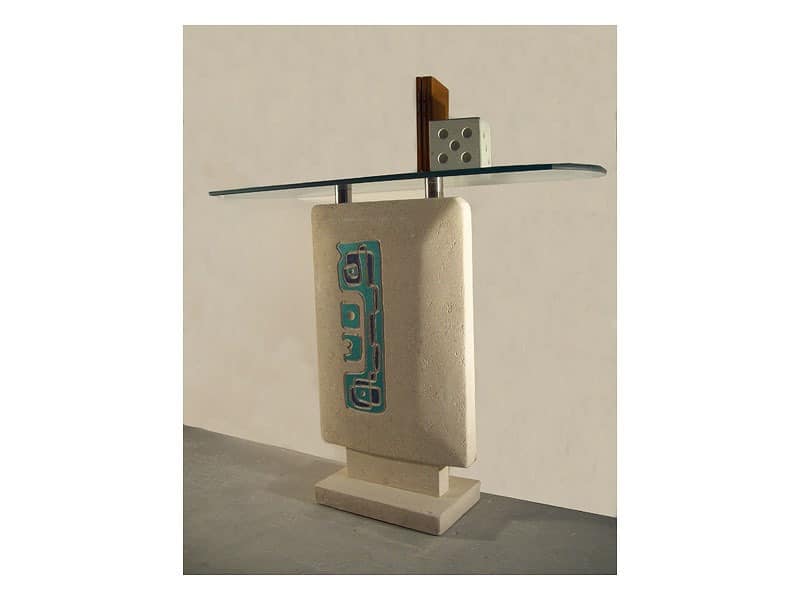 Settanta console, Consolle für Eingänge, Steinsockel und oben in Glas