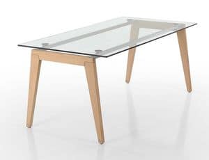 Beppe, Rechteckiger Tisch mit Holzbeinen und Glasplatte