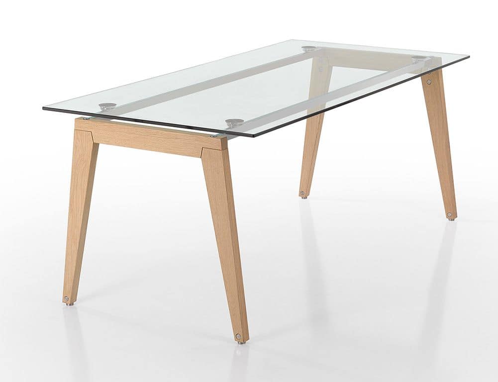 Rechteckiger Tisch mit Holzbeinen und Glasplatte