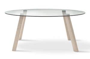 GLAM4, Ovalen Tisch mit Glasplatte, die Beine in Buche