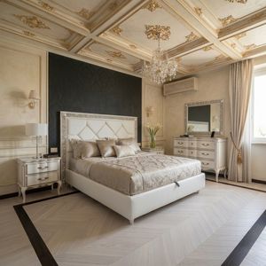 Art. 843 S, Elegantes Bett mit gepolstertem Kopfteil und dekorativem Rahmen