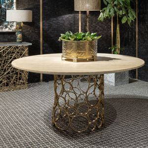 Circles DT, Tisch mit Fuß aus handgearbeitetem Messing, Platte aus Travertin