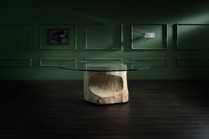 Login, Tisch mit Baumstammgestell, Glasplatte