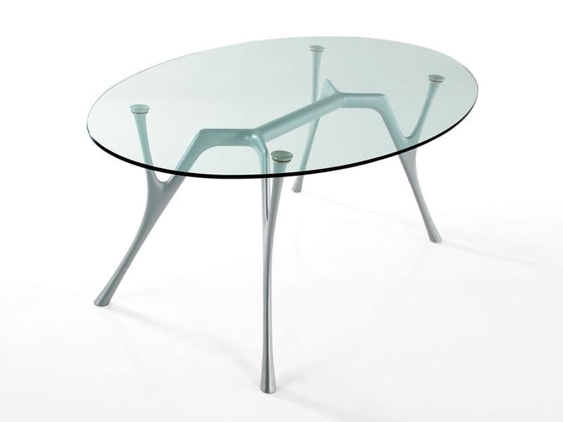 Pegaso, Ovalen Tisch aus Aluminium mit Glasplatte für Wohnzimmer