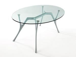 Pegaso, Ovalen Tisch aus Aluminium mit Glasplatte für Wohnzimmer