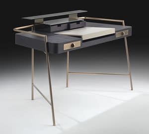 Flat, Schreibtisch mit Stahlbeine, Holz und Leder-Top
