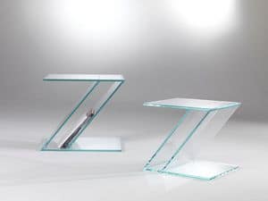 Tavolino 02, Couchtisch aus Glas, Zed förmig, mit Zeitschriftenständer