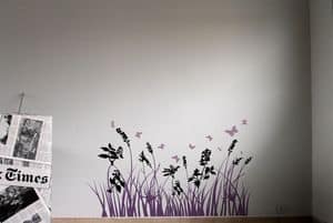 COLORFUL GRASS Black-Pink-Purple, Wandaufkleber mit Gras, Blumen und Libellen