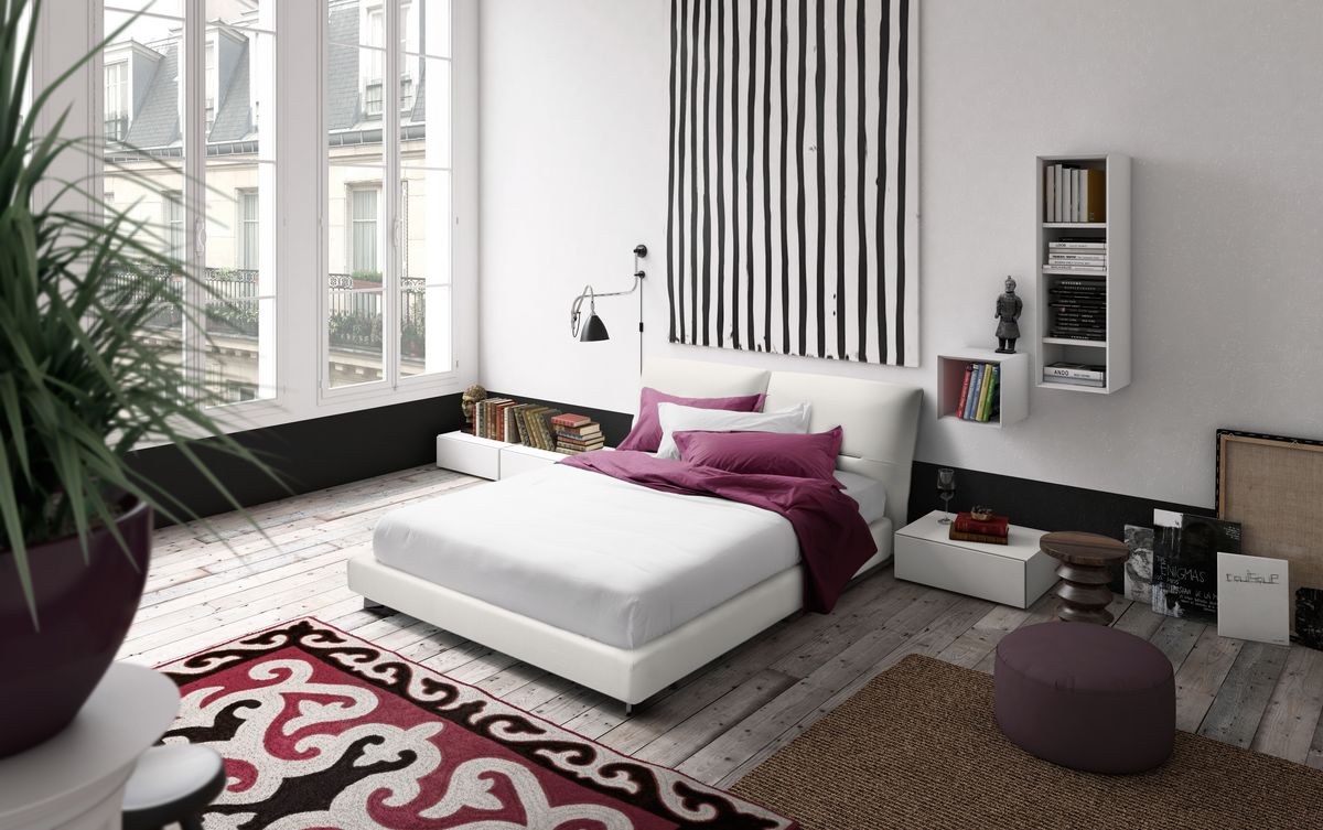 Vintage, Design-Bett, Holzbettrahmen, verstellbare gepolsterte Kopfteil